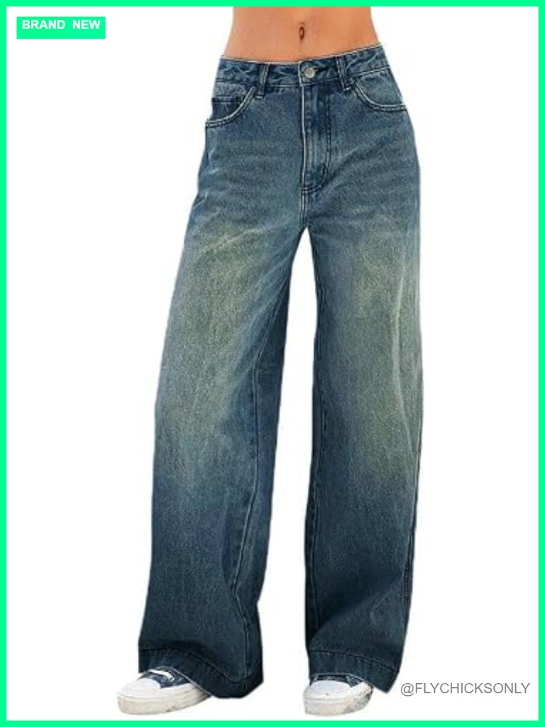 Wide Leg Distressed High Waist Stretchy Denim Jeans Y2k Trousers